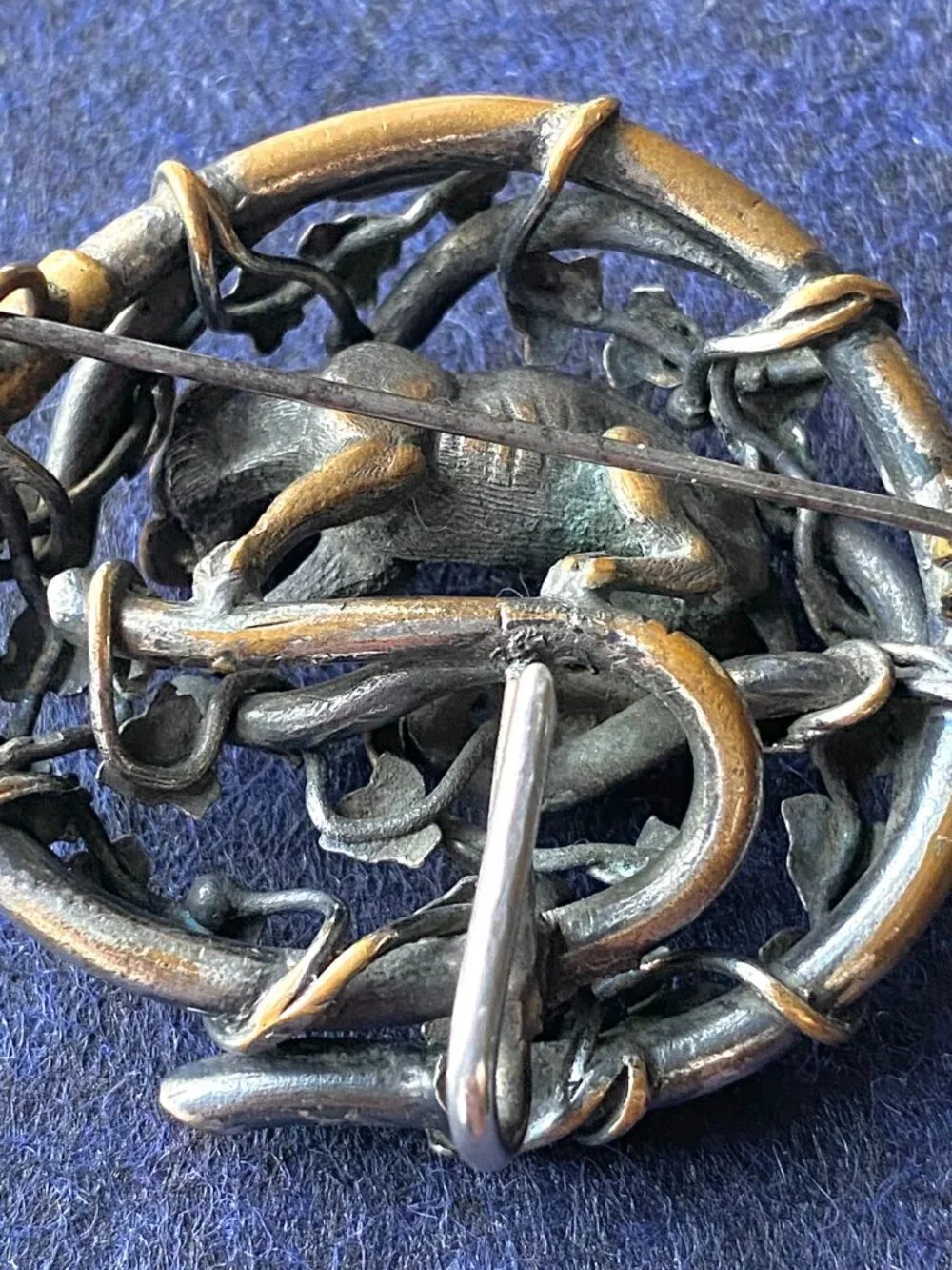 Sculptural Bronze/Copper Brooch with Cougar, Ivy, and Branches